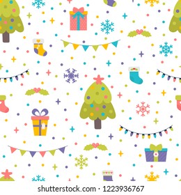 Seamless pattern with Christmas tree, gifts and garlands. Cute background with colorful design elements. Happy New Year. Winter holidays. Vector illustration