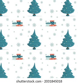 Nahtloses Muster mit Weihnachtsbaum und Geschenken. Hintergrundbild oder Druck für Textilien.