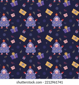 Seamless pattern with Christmas tree and gifts in bright boxes. Happy New Year, Merry Christmas design, elements, texture.