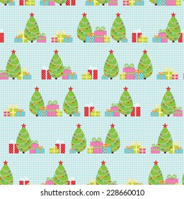 Seamless pattern with Christmas tree and Christmas Gifts