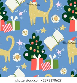 Seamless pattern with Christmas tree, gifts and cute cat. Vector illustration.