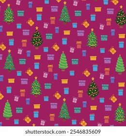 Seamless pattern with Christmas tree and gifts