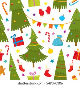 Seamless pattern with christmas tree, gifts, socks, stars in cartoon style, vector illustration on white. Green fir trees with balls and garlands used for magazine, book, poster, card, web pages.