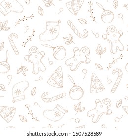 seamless pattern with christmas tree, gingerbread man, sock, ball, caramel cane, decorative elements. vector. hand drawing. Design for fabric, print, textile, wrapping paper