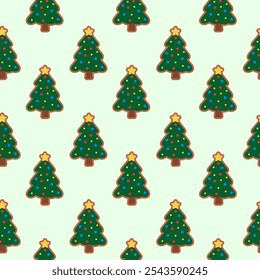 Seamless Pattern with Christmas Tree Gingerbread Cookie. Vector flat illustration.