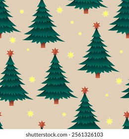 Seamless pattern with Christmas tree and glowing lanterns