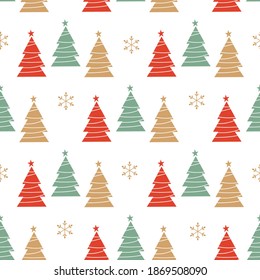 Seamless pattern with Christmas tree and golden snowflakes on white background vector illustration.