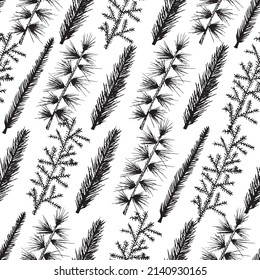 Seamless pattern Christmas tree hand drawn fir pine vector on green background Vector illustration