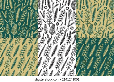 Seamless pattern Christmas tree hand drawn fir pine vector on green background Vector illustration