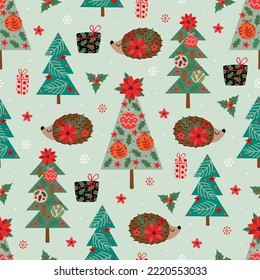 seamless pattern with  Christmas tree and hedgehog