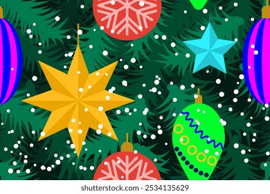 Seamless pattern. Christmas tree with holiday decorations. Snowfall. Vector