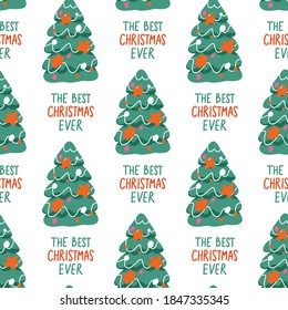 Seamless pattern with Christmas tree. Holidays background. Xmas texture, wrapping paper. Repeat winter graphic design. Hand drawn vector illustration.