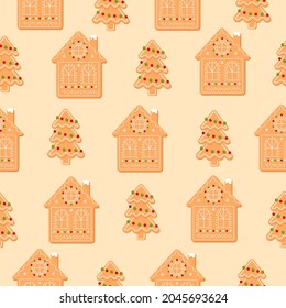 Seamless pattern with Christmas tree and house. Gingerbread cookies on beige background. New Year icon flat vector illustration.