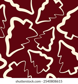seamless pattern of Christmas tree icons drawn in line art style on a dark red background