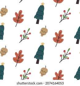 Seamless pattern Christmas tree leaves cone rowan. Boho cozy scandinavian vector Digital paper for nursery wallpaper, baby textile fabric in flat hand drawn style