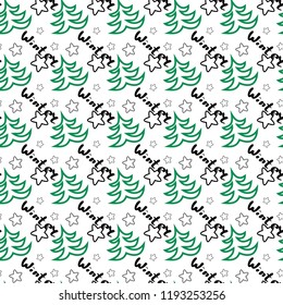 Seamless pattern with Christmas tree. Lettering Winter. Vector illustration