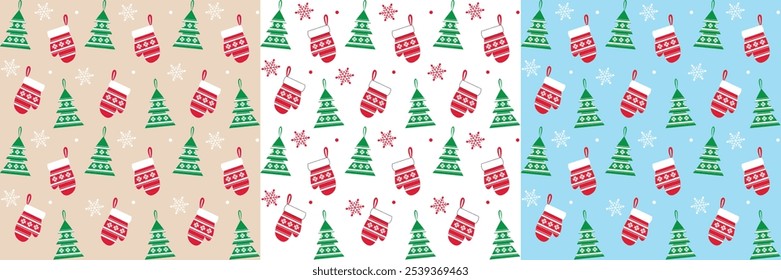 Seamless Pattern of Christmas Tree and Mitten with Snowflakes-Christmas Vector Illustration