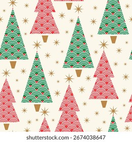 Seamless Pattern of Christmas Tree  Modern and Stars. Red, Green, Gold- Christmas Tree Vector Illustration