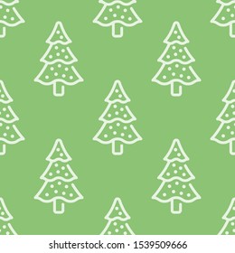 Seamless pattern with Christmas tree on green background. Vector texture.