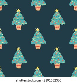 Seamless pattern with a Christmas tree on a dark green background. Flat vector illustration