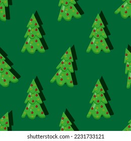 Patrón sin foco con árbol de navidad sobre fondo verde en estilo de corte. Papel envuelto con pino. Ornamento de año nuevo. Papel de escritorio o impresión de tela.
