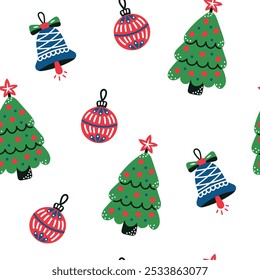 Padrão contínuo com árvore de Natal no fundo branco. Natal e Ano Novo. Ilustração vetorial.