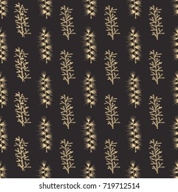Seamless pattern with christmas tree and pine fir branches, hand drawn vector illustration, winter holiday background