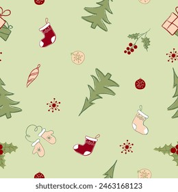Seamless pattern with christmas tree, red gifts on green background. Design for fashion, fabric, textile, packaging paper.