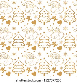 Seamless pattern with Christmas tree, Santa Claus and snowflakes for your design. Great for New Year cards, poster, banners, wrapping paper, invitations. Vector graphic