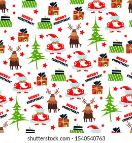 Seamless pattern of the Christmas tree with Santa, deer, gift box