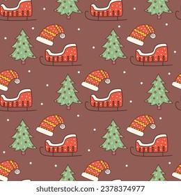 Seamless pattern with Christmas tree, Santa Claus hat and red sleigh. Snowing. Holiday colorful hand drawn vector illustration doodle. Print for Christmas and New Year. Festive winter season