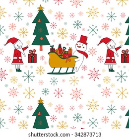 Seamless pattern with a Christmas tree, Santa and Snowman