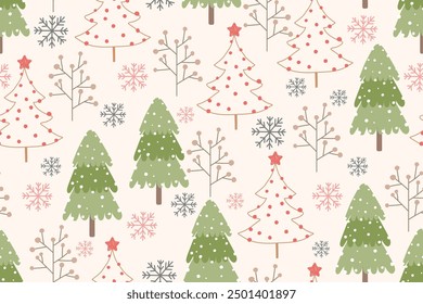 seamless pattern with christmas tree. set of christmas trees, stars and snowflakes.