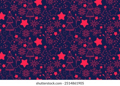 seamless pattern with christmas tree. set of christmas trees, stars and snowflakes.