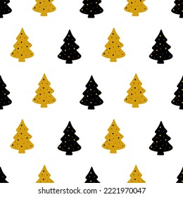 Seamless pattern Christmas tree silhouette black gold glitter vector illustration