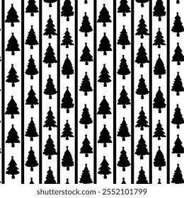 Seamless pattern of Christmas tree silhouette on white background. Black and white vector collection of pine silhouette icons, icons, sketches for packaging and fabric design.