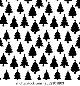 Modelo inconsútil de la silueta del árbol de Navidad en el fondo blanco. Colección de Vector en blanco y negro de iconos de silueta de pino, iconos, bocetos para embalaje y diseño de telas.