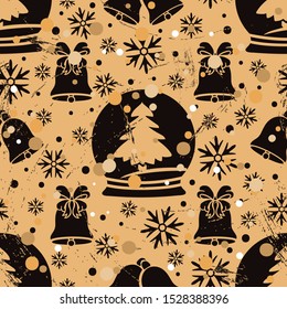 Seamless pattern with Christmas tree, snow globe, jingle bell in old retro style. Repeated vintage pattern grunge design for wrapping paper or background. Craft paper imitation. New Year mood