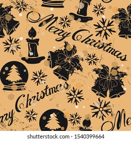 Seamless pattern with Christmas tree, snow globe, jingle bell, candle in old retro style. Repeated vintage pattern grunge design for wrapping paper or background. Craft paper imitation. New Year mood