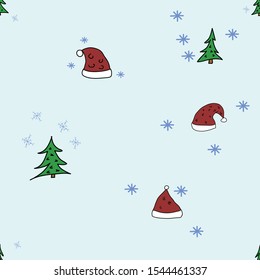 Seamless pattern of Christmas tree with snow and Santa Claus Christmas hats surrounded by snow