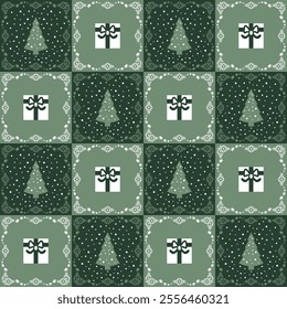 Seamless Pattern. Christmas Tree, Snow falling , Gift. Colors Green and White.