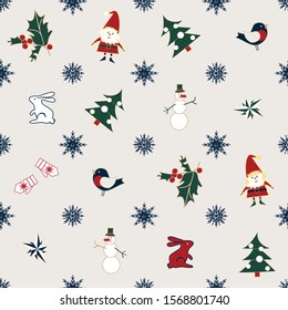 Seamless pattern with christmas tree, snowflake and rabbit, vector design.