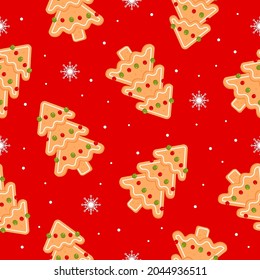 Seamless pattern with Christmas tree and snowflake. Gingerbread cookies on red background. Christmas icon flat vector illustration