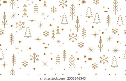 Seamless pattern with Christmas tree, snowflake, golden star. Christmas, new year design in golden color on a light background. Trendy modern vector illustration. Cute hand drawn flat design