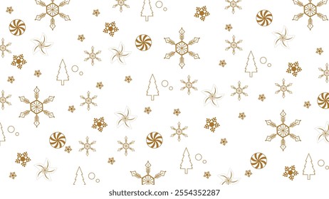 Seamless pattern with Christmas tree, snowflake, golden star, etc. Christmas, new year design in golden color on a light background. Trendy modern vector illustration. SSTKBackgrounds, SSTKChristmas