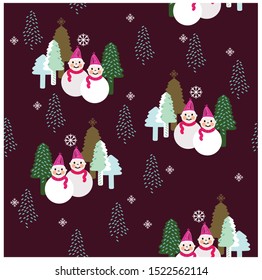 Seamless pattern of Christmas tree, snowflakes and snowmen. Vector illustration. Wrapping paper, textiles or ceramic, etc.
