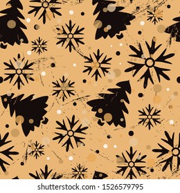 Seamless pattern with Christmas tree, snowflakes and snow in old retro style. Repeated vintage pattern grunge design for wrapping paper or background. Craft paper imitation. Christmas or New Year mood