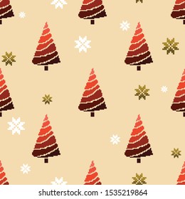 Seamless pattern of christmas tree with snowflakes. Vector illustration in pixel art style. 8 bit. Pixel illustration.