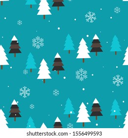 Seamless pattern with Christmas tree and snowflakes on blue background vector illustration.