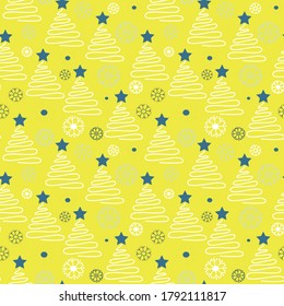 Nahtloses Muster mit Weihnachtsbaum, Schneeflocken, Sternen im skandinavischen Stil für Stoffe, Papier, Textilien, Geschenkverpackung auf gelbem Hintergrund. Vektor-Weihnachtshintergrund